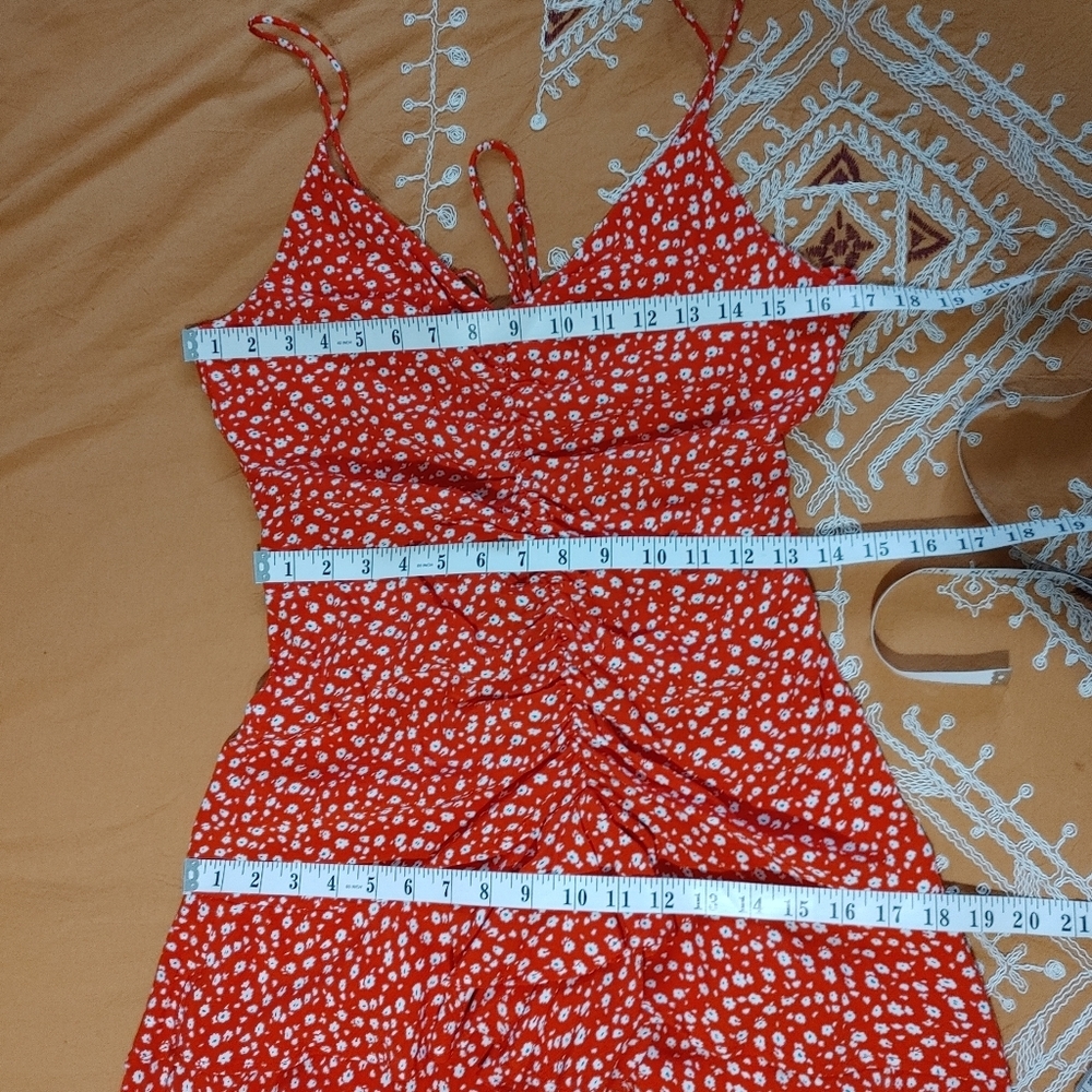 Zara Red Floral Ruched Ruffle Mini Dress Size S - Picture 11 of 12